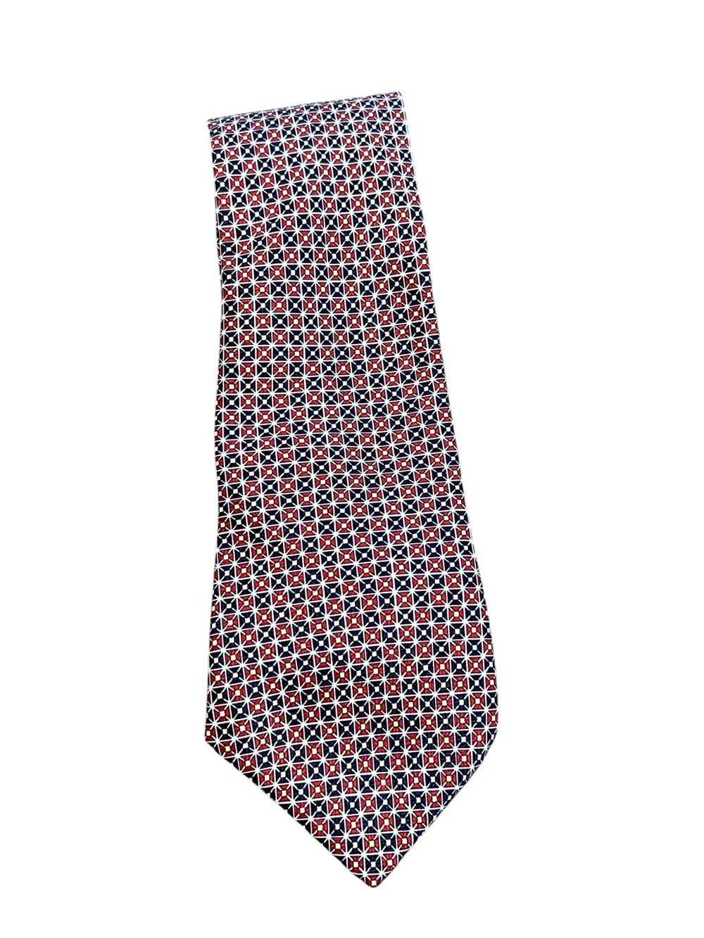 Frank Michel 100% Silk Tie Red Navy Geometric Pattern Classic Neck Tie